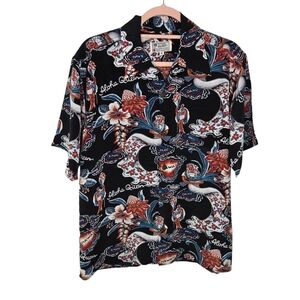 Vtg 90s Avanti hawaiian silk shirt aloha black floral luau